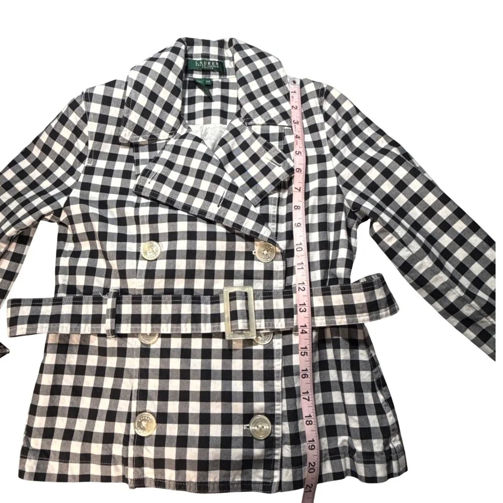 Lauren Ralph Lauren Jacket Women Petite P Black Excellent Gingham Belted Cotton